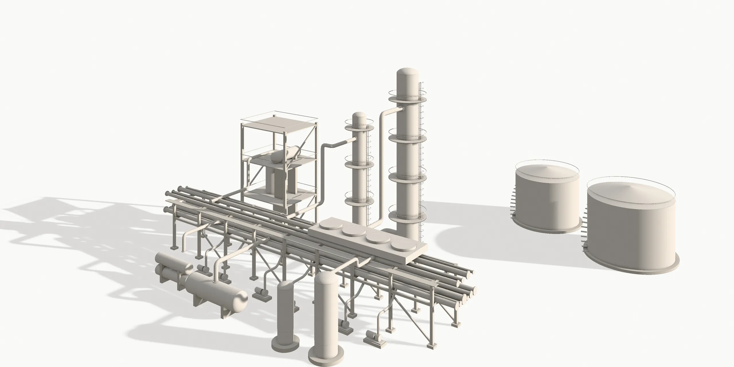 Elevated view of a complete process plant model: pipe rack, columns, drums, pumps and storage tanks
