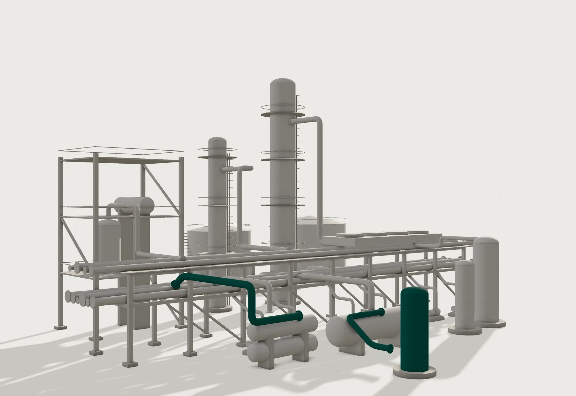 Model of an operating process unit with the new revamp piping and vessel highlighted in green