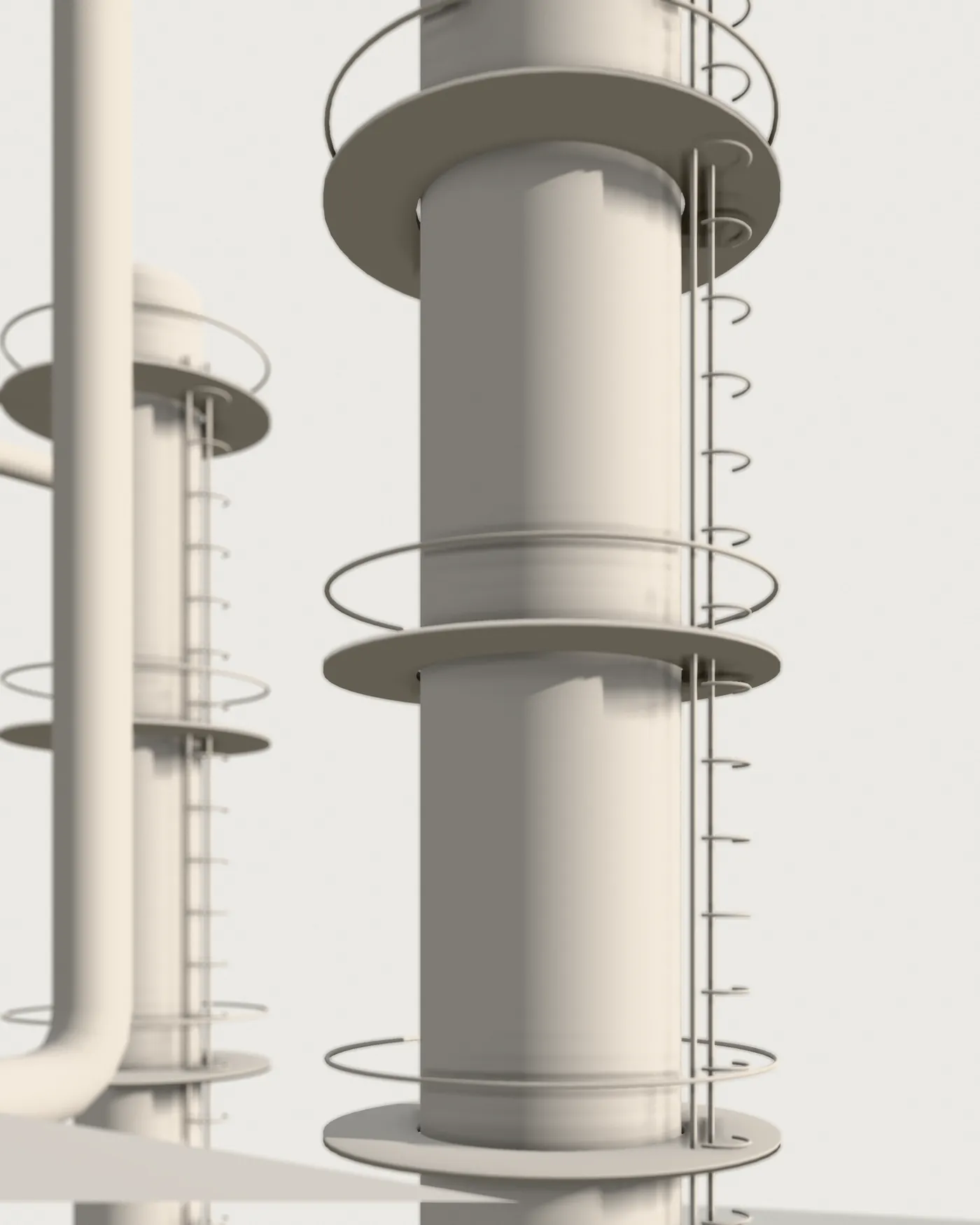 Close view of a distillation column model with platforms, handrails and an access ladder